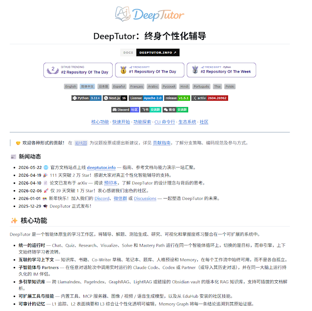 DeepTutor 开源项目主页截图,展示 GitHub Trending 排名、Star 数、支持语言列表及核心功能介绍,包括统一运行时、互联知识库、子智能体、多引擎知识库等特性说明