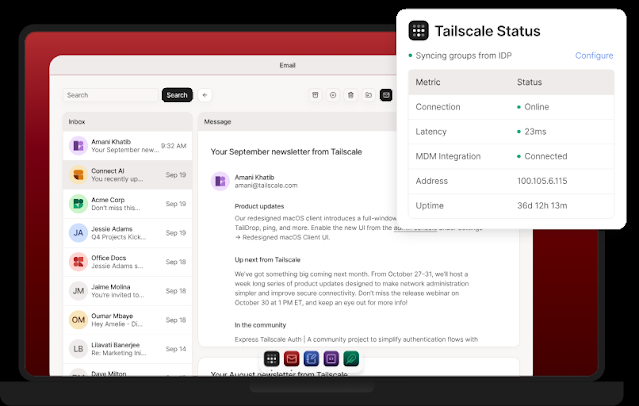 Tailscale状态面板界面截图,展示连接状态、延迟、MDM集成等设备网络指标