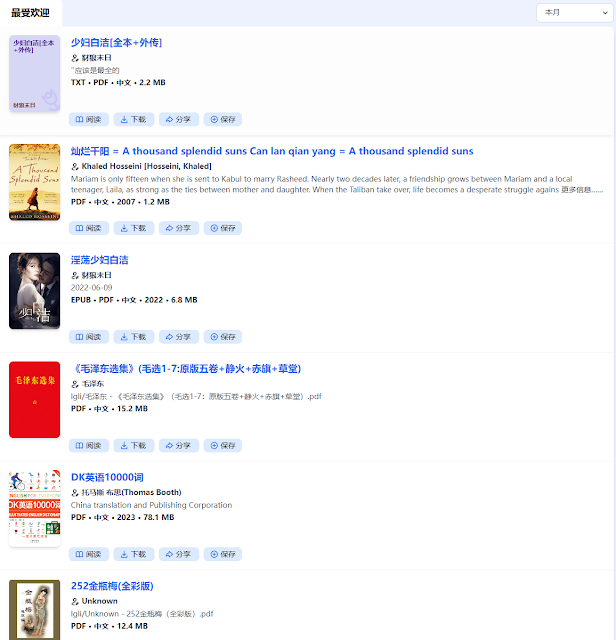 WeLib 在线电子书平台中文书籍列表页面截图,展示热门图书推荐,包括小说、文学作品、教材等资源,支持阅读、下载、分享和收藏功能