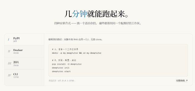 DeepTutor 快速安装指南截图:"几分钟就能跑起来",展示四种安装方式(PyPI、Docker、源码、CLI),示例代码为 PyPI 快捷路径的安装与启动命令