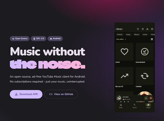 这张图非常适合用在文章开头(作为 Header/Banner 主图)或者讲到“项目定位与开源特性/安装方式”相关的段落。为你提供两种 ALT 文本选择: 方案一:精简标准版(推荐直接使用) ALT 文本: Metrolist 开源音乐播放器宣传海报,展示项目口号、APK 下载与 GitHub 页面链接