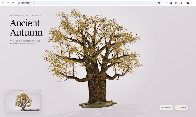中文版: Three.js Object Sculptor插件生成的"Ancient Autumn Oak"古橡树procedural 3D模型演示图,展示分叉树干、金黄色秋叶树冠与地面落叶细节,左下角为原始参考图对比