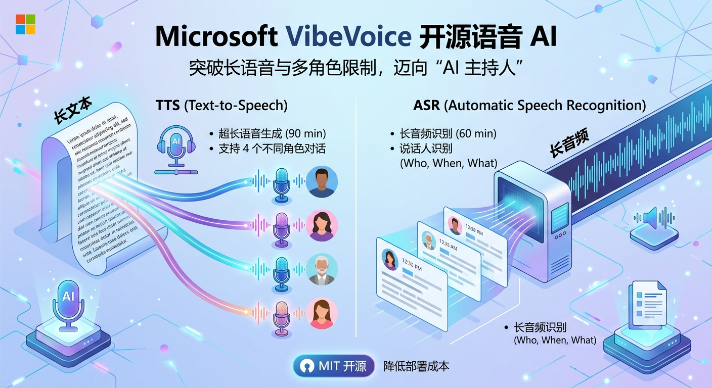 微软开源 VibeVoice:一次生成90分钟多人语音 声音越来越像真人了