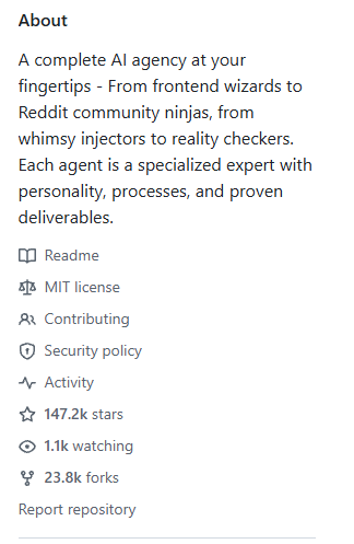 Agency Agents GitHub 仓库 About 页面截图,展示项目简介、MIT 开源许可证、贡献入口、安全策略及活跃度数据,包括 147.2K Stars、1.1K Watching 和 23.8K Forks。
