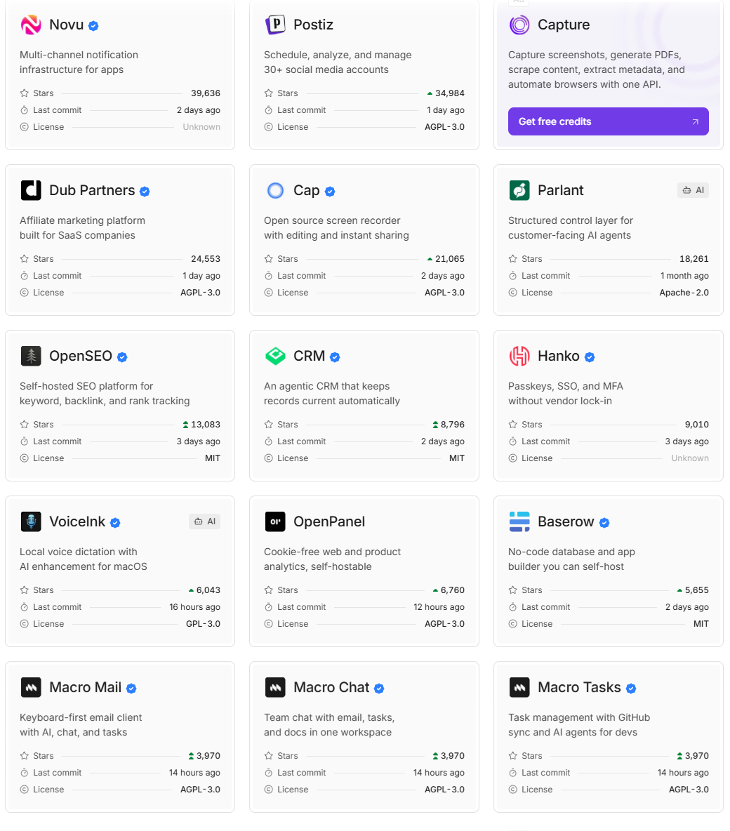 开源与开发者工具项目卡片列表:展示 Novu、Postiz、Cap、Parlant、OpenSEO、Hanko、Baserow 等工具的项目简介、GitHub Stars 数、最近提交时间及开源许可证