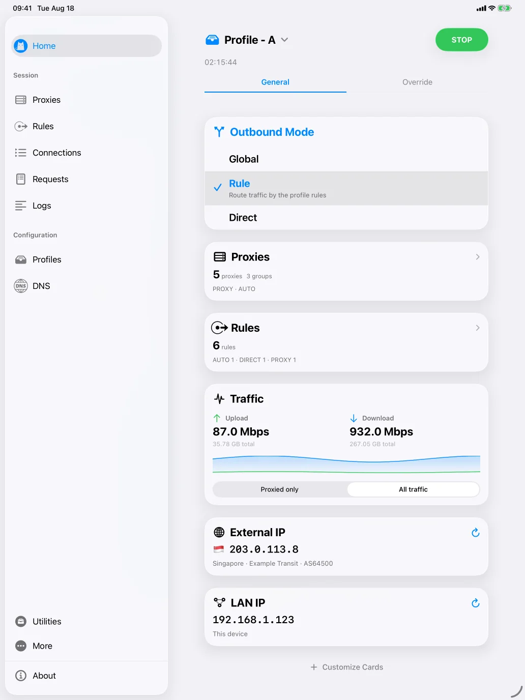 Clash iPad 端界面截图：左侧为侧边栏导航（Proxies、Rules、Connections 等），右侧展示出站模式、流量统计、外部 IP 与局域网 IP 等信息卡片