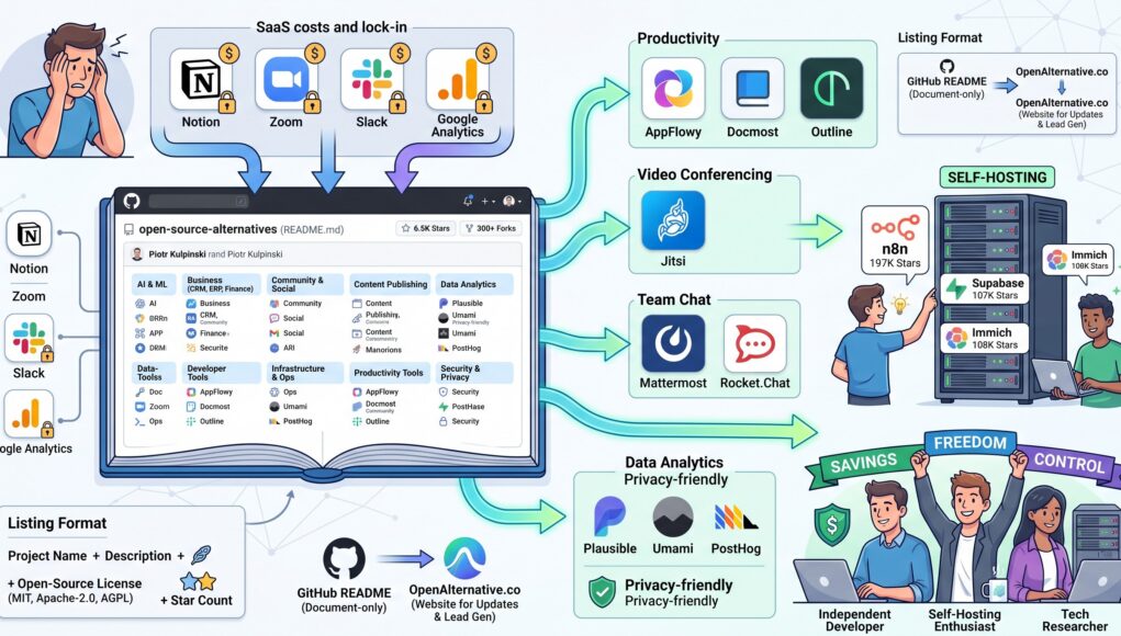 open-source-alternatives 开源自托管替代方案信息图:展示如何从昂贵的闭源 SaaS 软件(Notion、Zoom、Slack、Google Analytics)迁移至开源自托管工具(如 AppFlowy、Jitsi、Mattermost、Plausible、Supabase、Immich 等),以降低成本并实现数据掌控