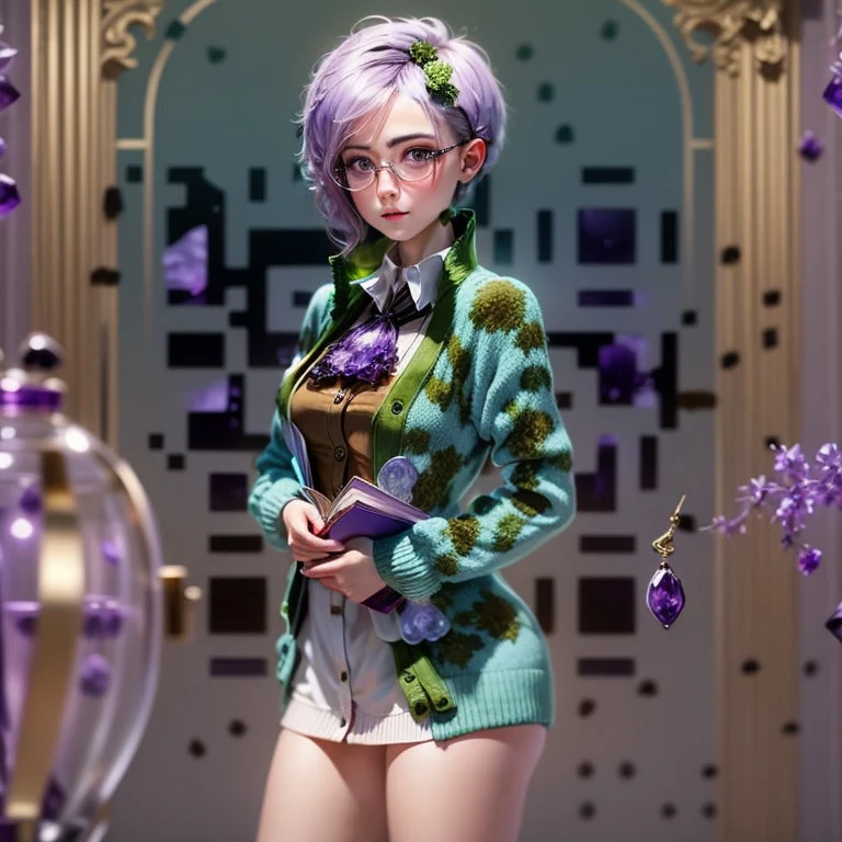 紫发眼镜女孩手持书本站在创意二维码背景前，展示二次元风格与艺术二维码融合的视觉设计